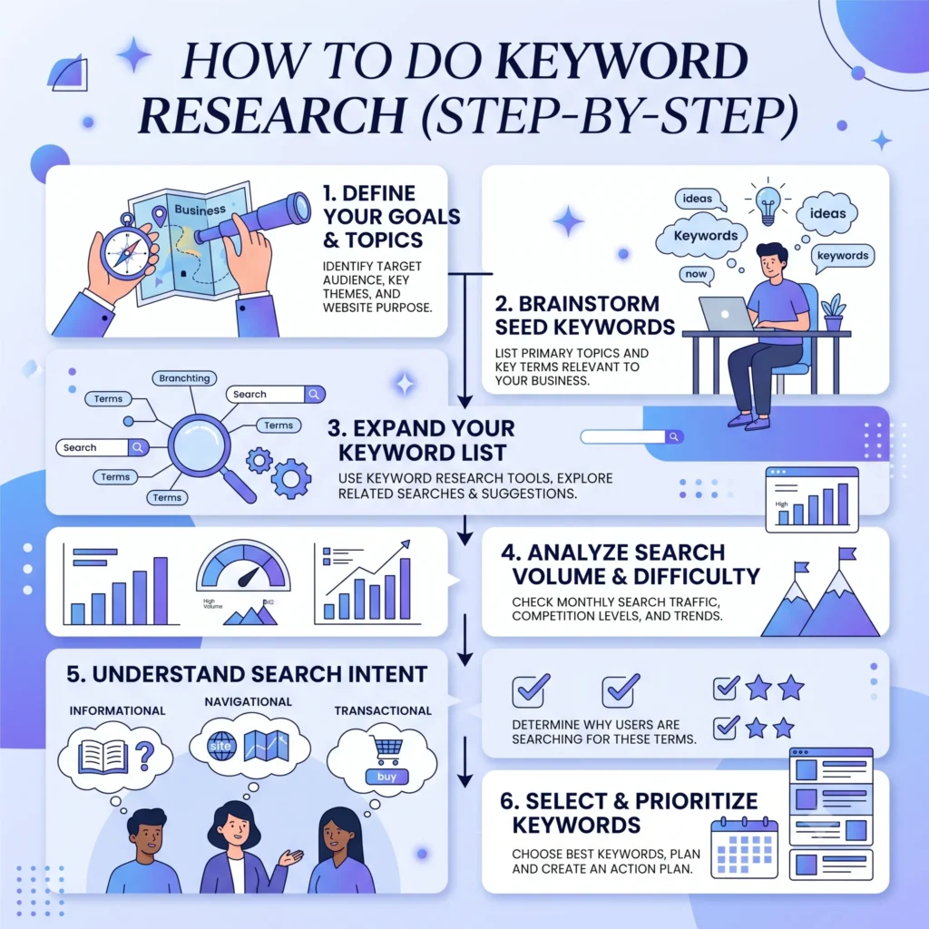 Step-by-step keyword research process showing how to find seed keywords, analyze search intent, evaluate search volume and keyword difficulty, research competitors, and build an SEO keyword list.