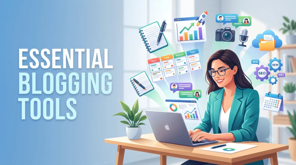 Essential blogging tools including SEO, keyword research, content writing, analytics, email marketing, and design software for growing a successful blog.