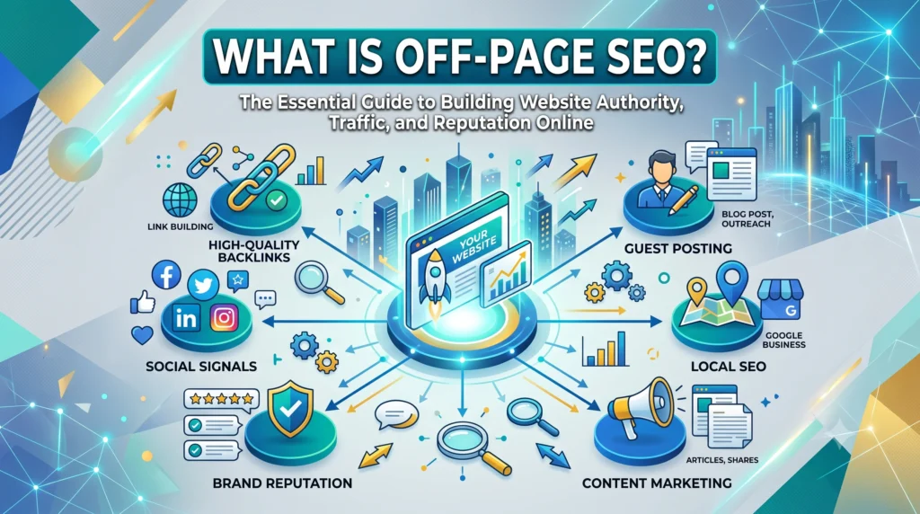 Alternative Text: Illustration explaining what Off-Page SEO is and how external optimization techniques like backlinks, brand mentions, and digital PR improve website authority and search rankings.