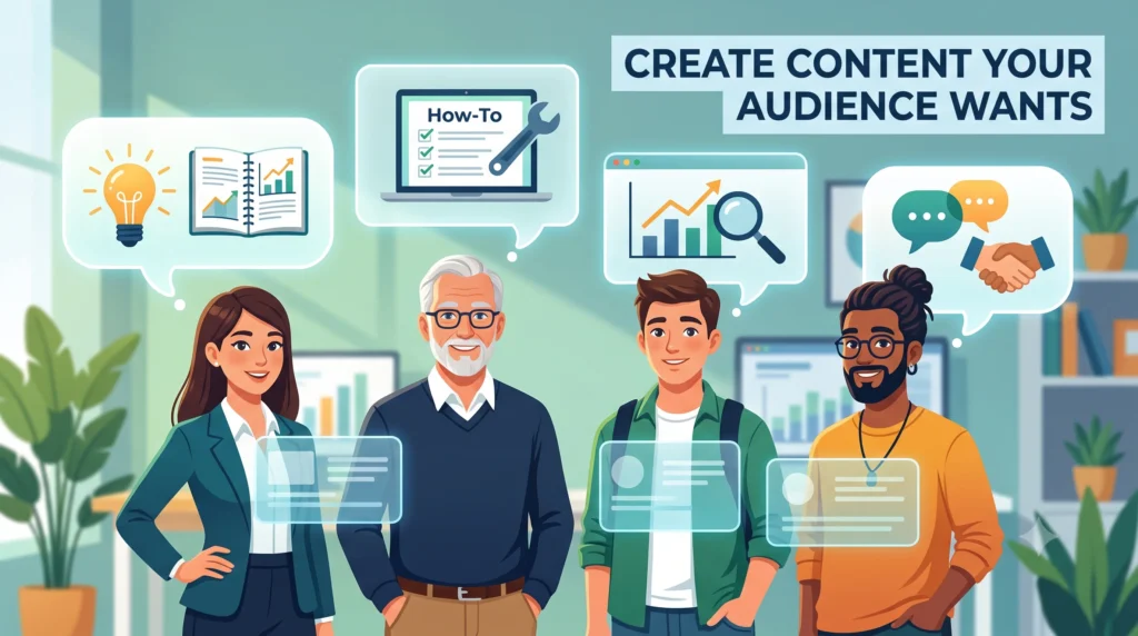 Illustration showing how to create valuable blog content that matches your audience's interests, needs, and search intent.