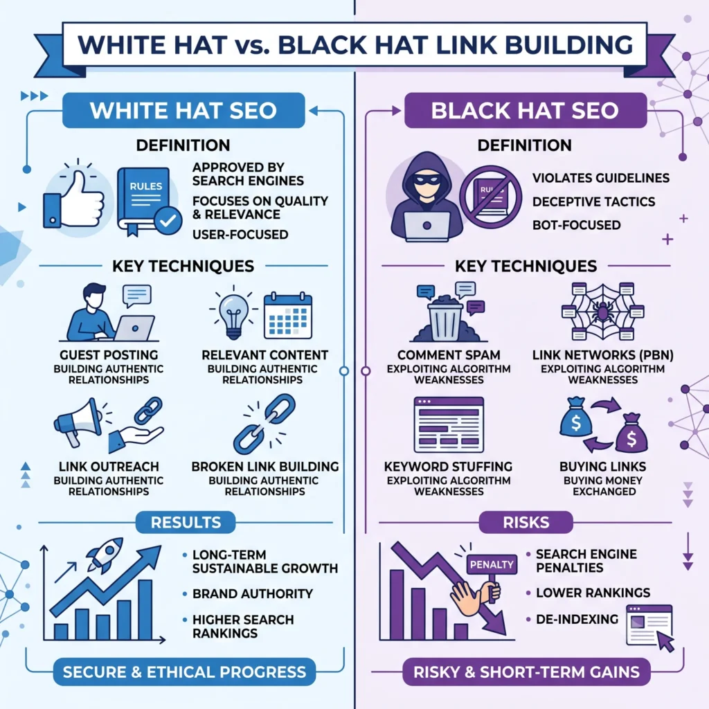 Comparison infographic showing White Hat vs. Black Hat link building techniques, highlighting ethical backlink strategies, spammy SEO practices, Google guidelines, and their impact on search rankings.