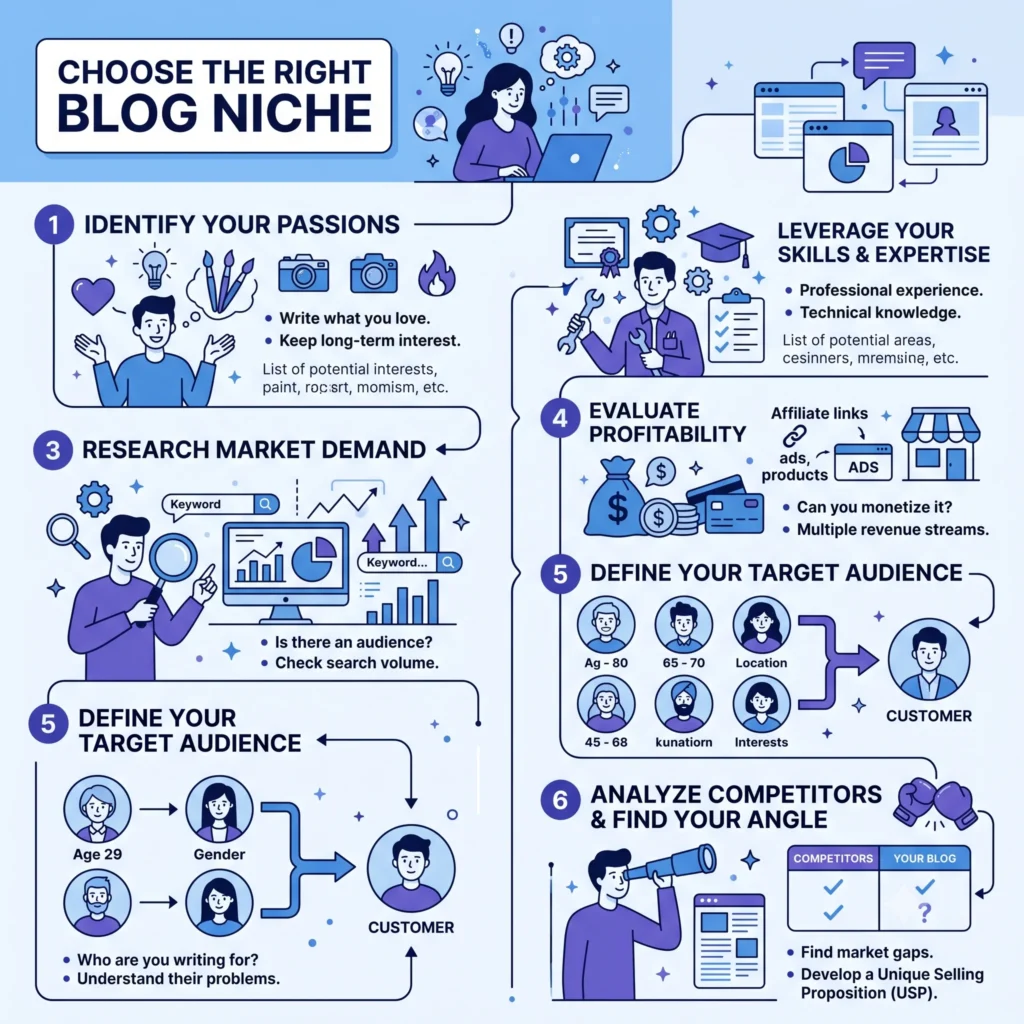 Illustration showing how to choose the right blog niche based on passion, expertise, audience demand, and profitability for long-term blogging success.