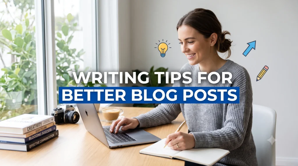 Illustration showing essential writing tips for creating clear, engaging, and SEO-friendly blog posts that improve readability and user engagement.