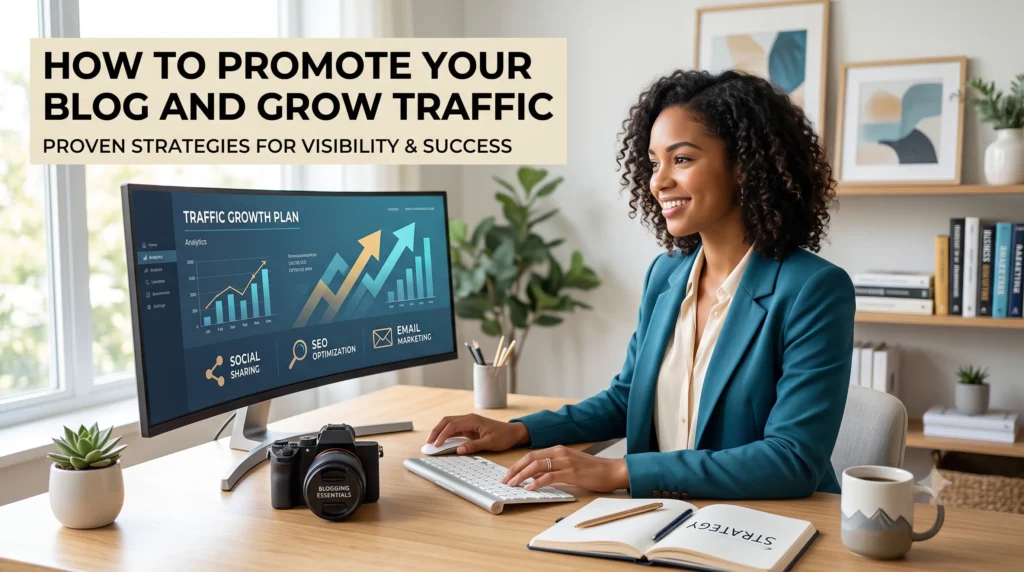 Illustration showing effective blog promotion strategies, including SEO, social media marketing, email newsletters, and content sharing to increase website traffic.