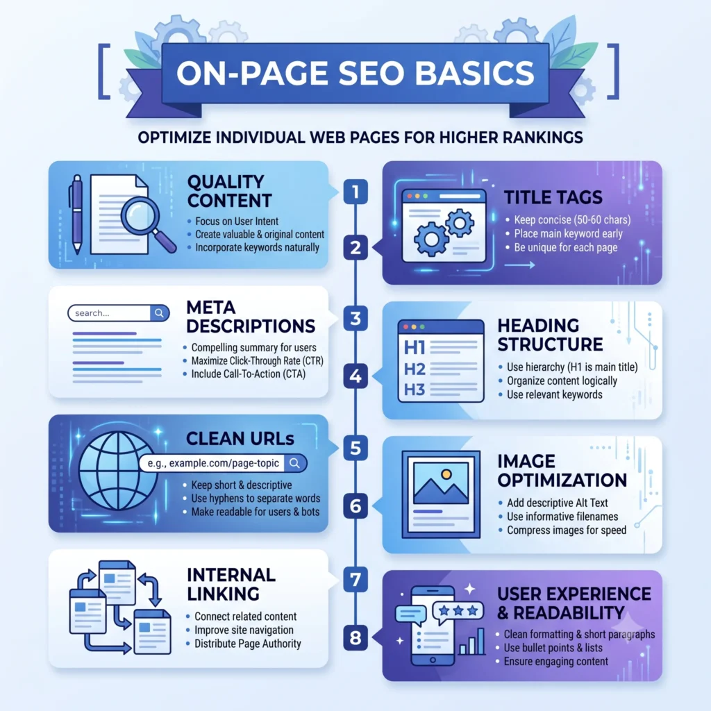 On-page SEO basics including title tags, meta descriptions, headings, and keyword optimization.