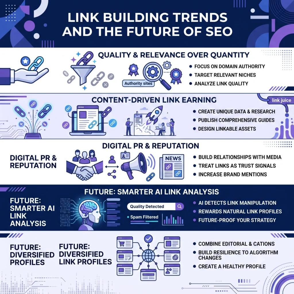 Illustration showing the future of link building with AI-powered search, digital PR, authoritative backlinks, EEAT, and modern SEO strategies improving website rankings and online visibility.