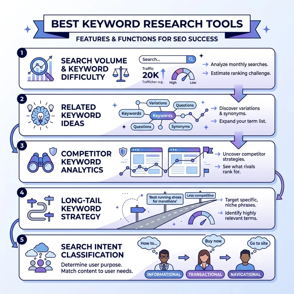 Comparison of the best keyword research tools, including Google Keyword Planner, Ahrefs, Semrush, Moz, and Ubersuggest, for finding SEO keyword opportunities.
