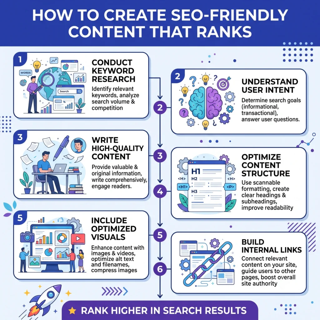 SEO-friendly content creation process showing keyword research, content optimization, search intent, heading structure, readability, and on-page SEO best practices for higher Google rankings