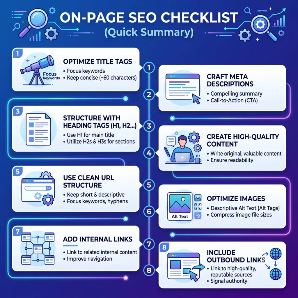 Alternative Text: SEO tools checklist summarizing keyword research, site audits, backlink analysis, rank tracking, technical SEO, and performance optimization.