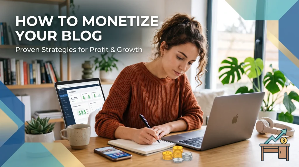 Illustration showing the most effective ways to monetize a blog through affiliate marketing, display ads, sponsored content, digital products, and email marketing.