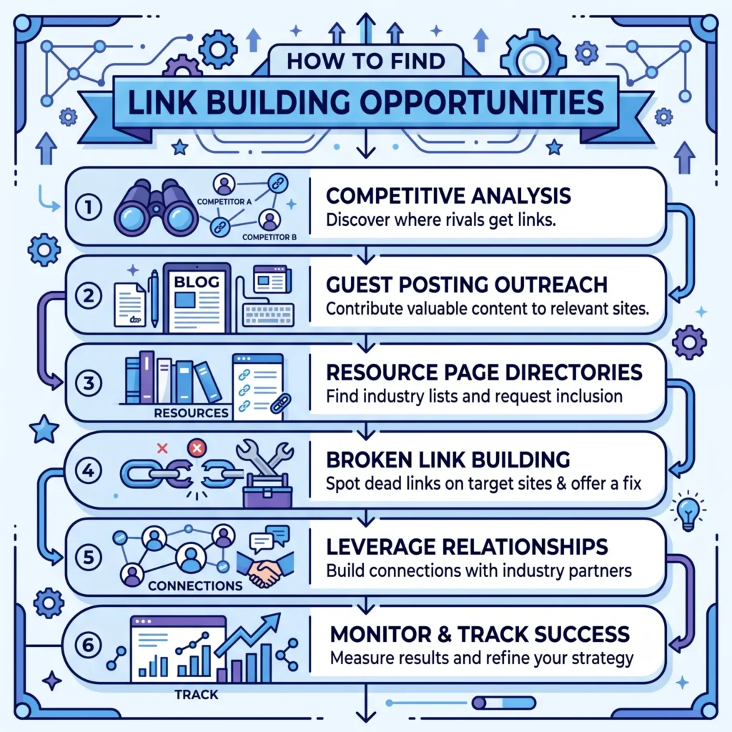 Illustration showing how to find link building opportunities using competitor backlink analysis, outreach prospects, resource pages, broken links, and brand mentions to earn high-quality SEO backlinks.