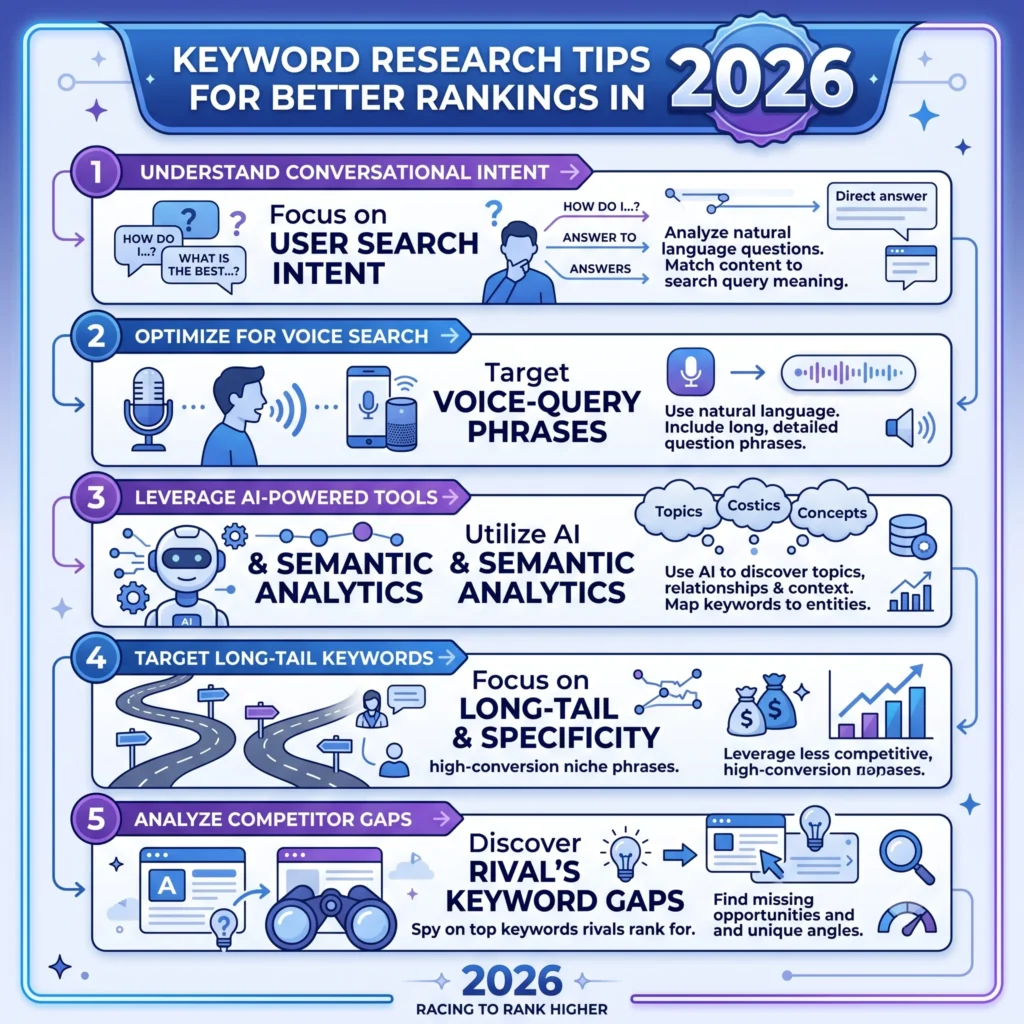 Keyword Research Tips for Better Rankings in 2026 infographic showing proven strategies to find high-value keywords, analyze search intent, and improve SEO rankings.