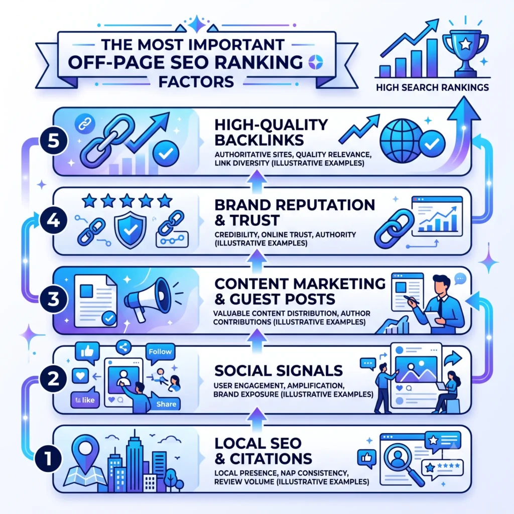 Alternative Text: Illustration of the most important Off-Page SEO ranking factors, including backlinks, brand mentions, E-E-A-T, social signals, online reviews, and domain authority.