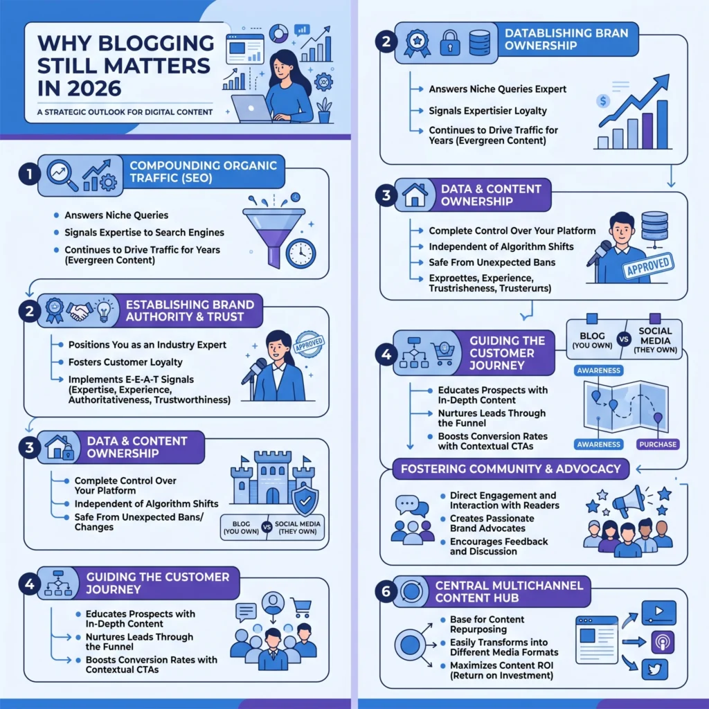 Illustration showing why blogging remains valuable in 2026 through SEO, organic traffic, audience growth, brand authority, and long-term content marketing success.