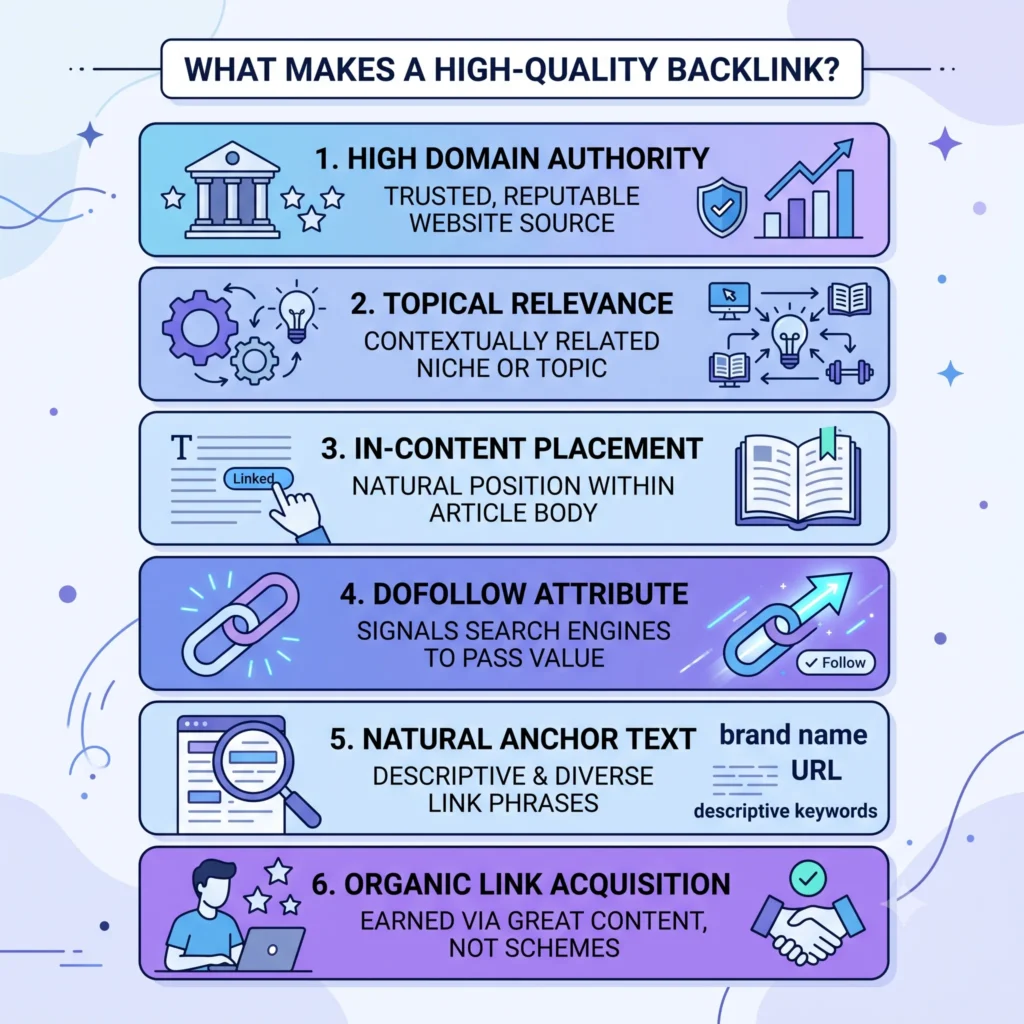 Illustration explaining the key factors of a high-quality backlink, including website authority, topical relevance, natural anchor text, strategic link placement, and follow vs. nofollow attributes for better SEO performance.