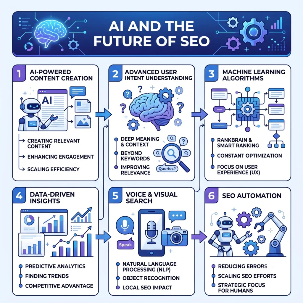 AI and the future of SEO illustration showing artificial intelligence, search optimization, and content strategy.