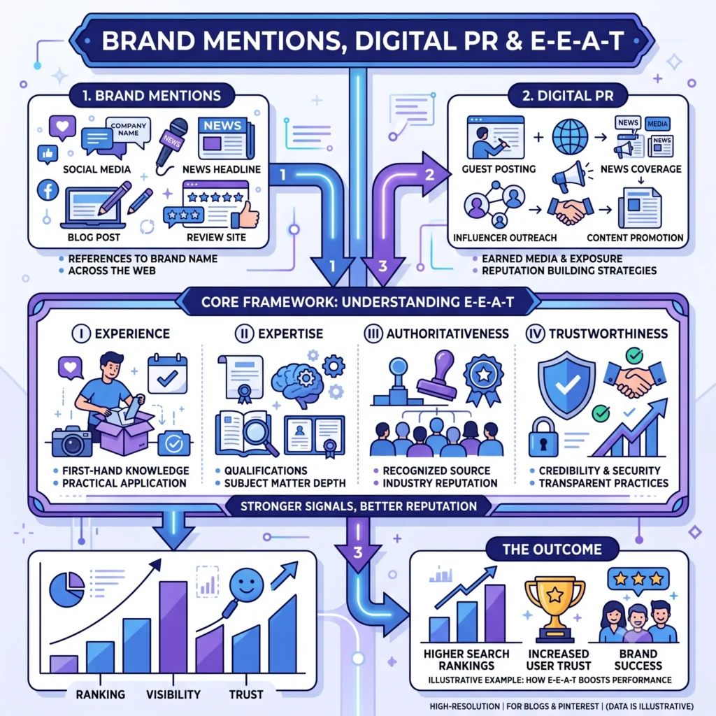 Alternative Text: Illustration showing brand mentions, digital PR, and E-E-A-T signals that strengthen website authority, trust, and search engine rankings through off-page SEO.