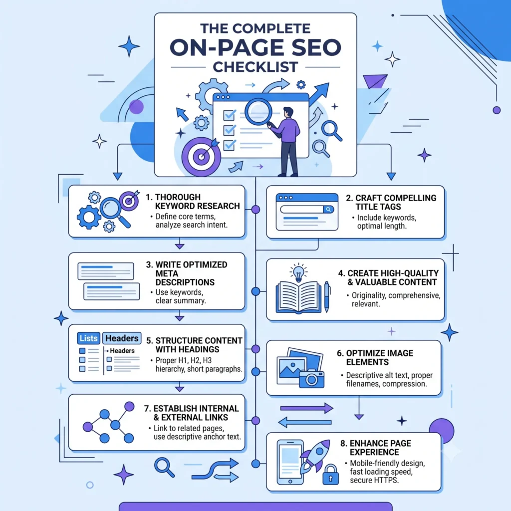 Comprehensive on-page SEO checklist showing essential optimization tasks, including keyword placement, title tags, meta descriptions, headings, internal linking, image optimization, schema markup, page speed, and user experience for higher Google rankings