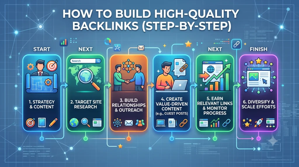 Step-by-step illustration showing the process of building high-quality backlinks through content creation, outreach, guest posting, broken link building, and earning links from authoritative, relevant websites to improve SEO rankings.