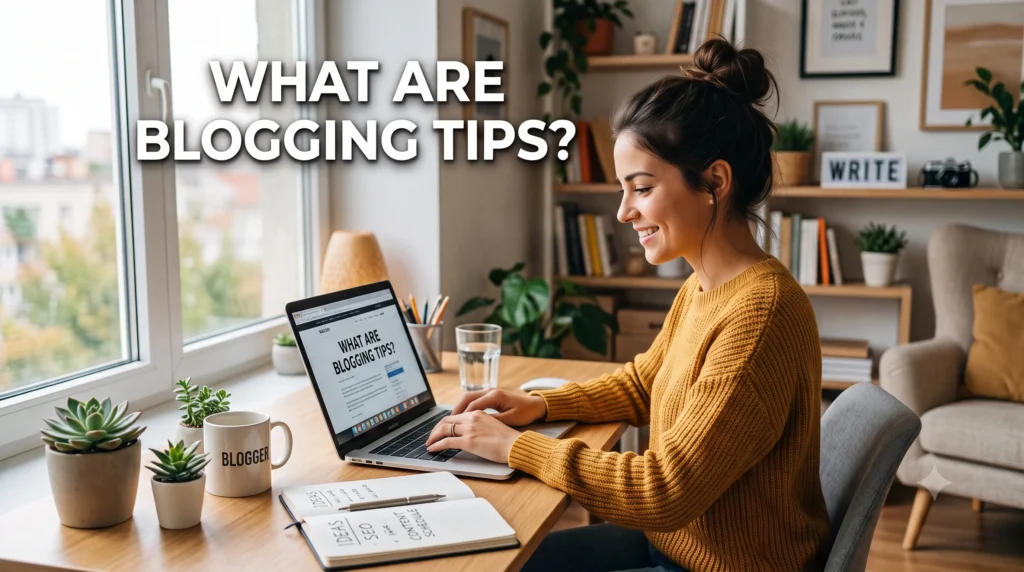 Illustration explaining blogging tips with key strategies for creating quality content, growing blog traffic, improving SEO, and building a successful blog.