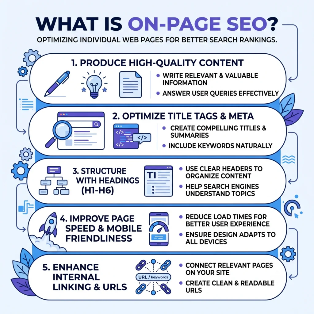 Illustration explaining what on-page SEO is, featuring a website dashboard, search optimization elements, analytics charts, and content optimization tools designed to improve Google rankings.