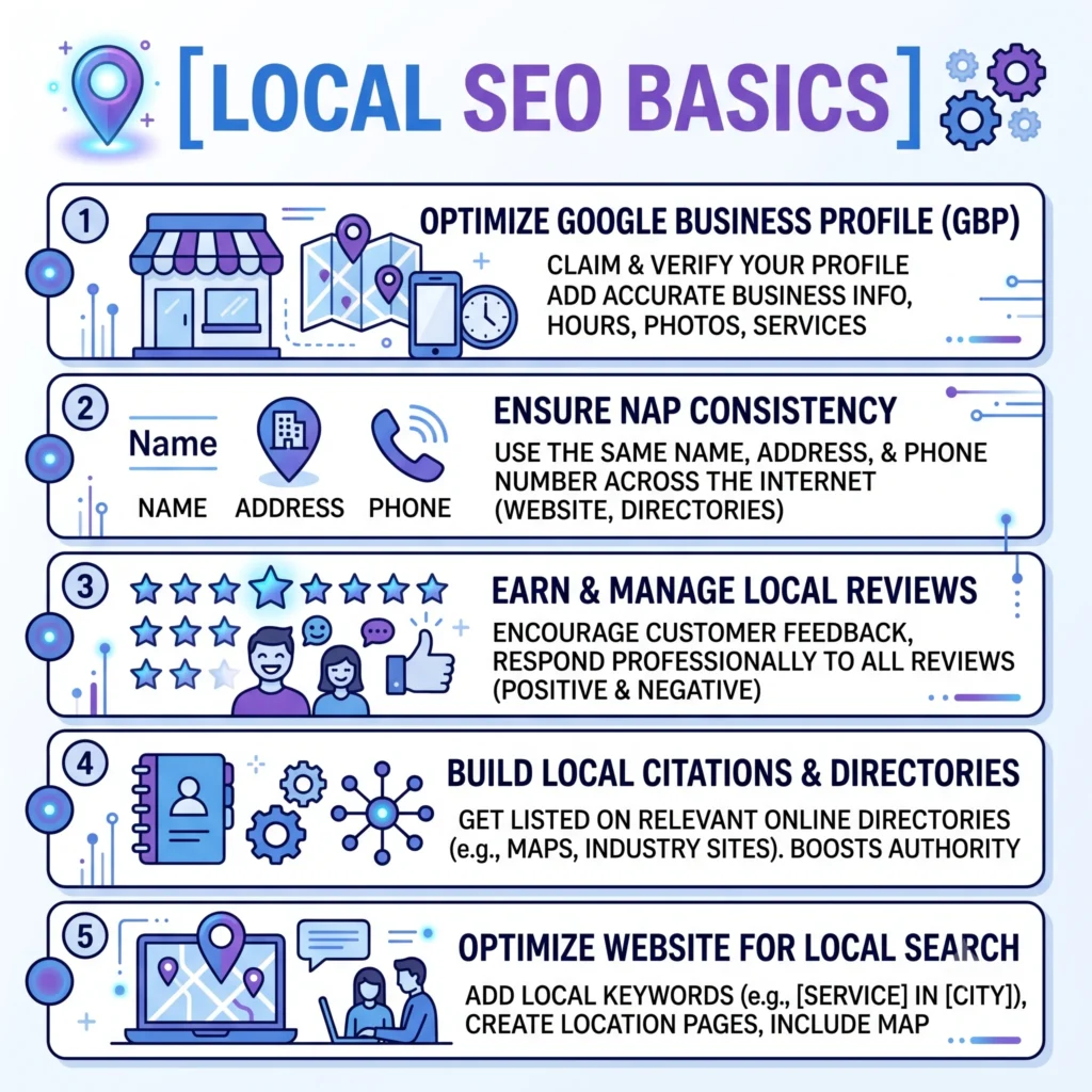 Local SEO basics illustration showing Google Business Profile, maps, and local search optimization.
