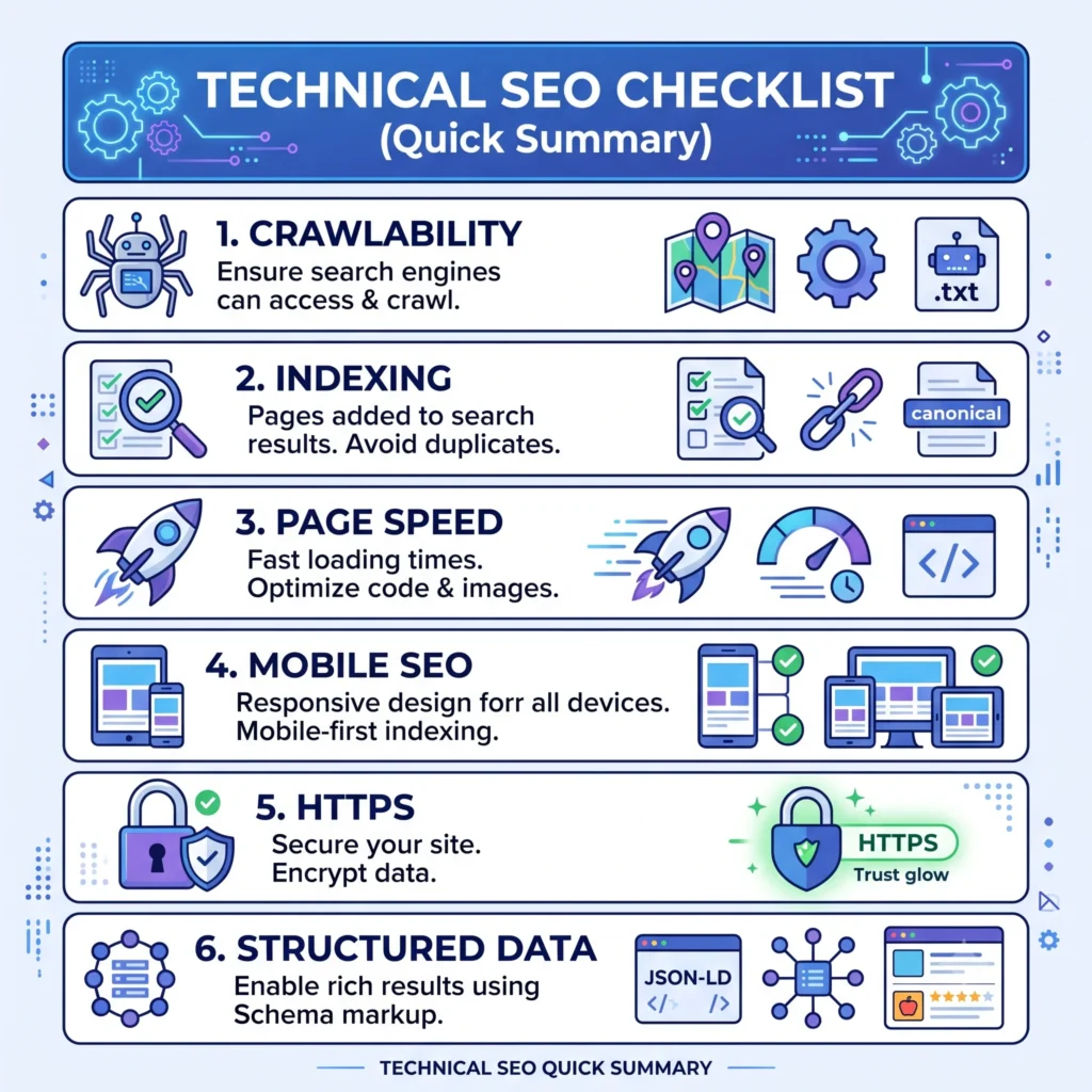 Technical SEO checklist highlighting essential optimization tasks, including website crawling, indexing, XML sitemap, robots.txt, Core Web Vitals, HTTPS, schema markup, mobile-friendliness, and page speed improvements for better search rankings.