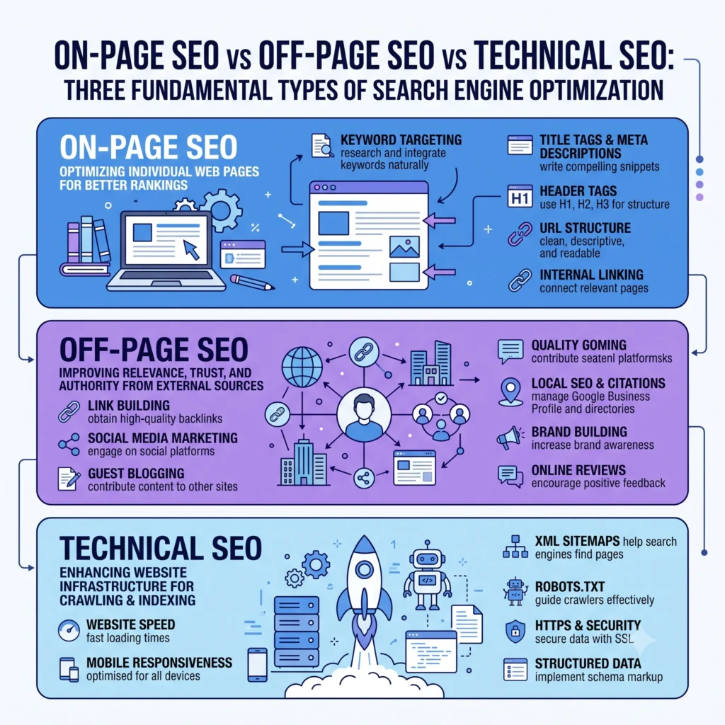 Comparison of On-Page SEO, Off-Page SEO, and Technical SEO, illustrating content optimization, backlinks, website structure, page speed, indexing, and search engine ranking factors.