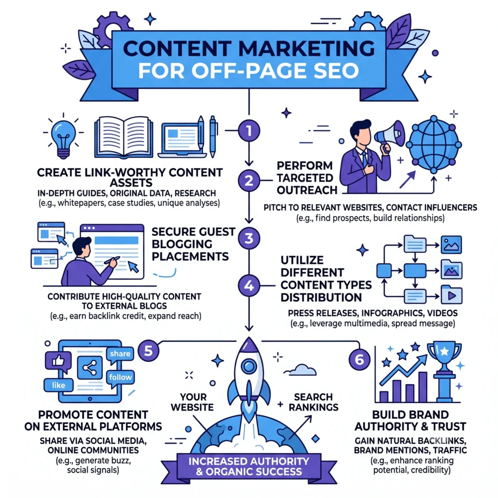 Alternative Text: Content marketing for off-page SEO showing strategies like guest posting, digital PR, social media promotion, and content distribution to build backlinks and authority.