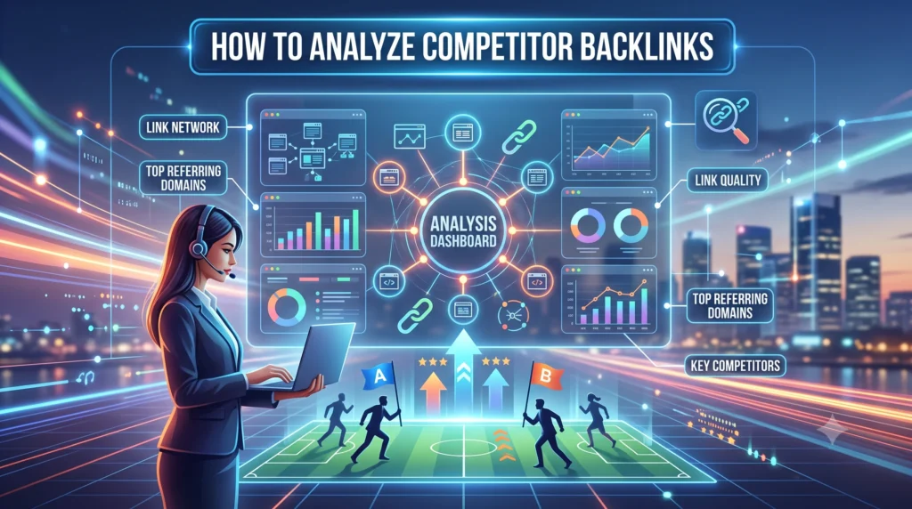 Illustration showing competitor backlink analysis with websites, referring domains, and backlink connections to identify high-quality link building opportunities for improved SEO rankings.