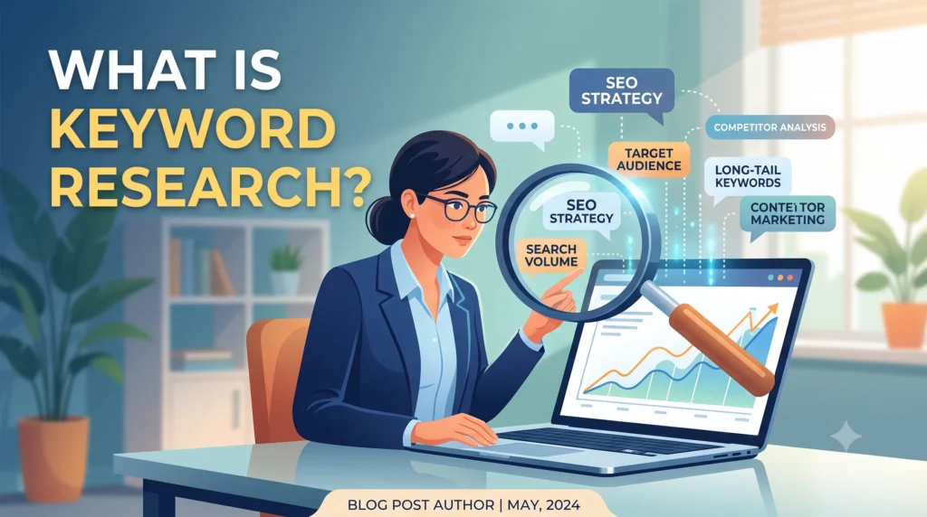 Illustration explaining what keyword research is, showing the process of finding search terms people use in search engines to improve SEO and content rankings.