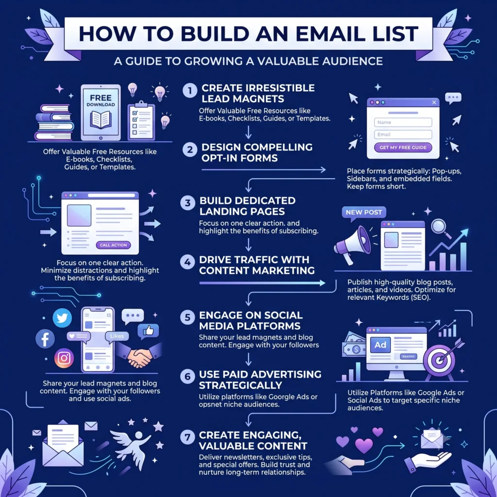 Email list building strategy showing newsletter signup forms, email subscribers, and lead generation for growing a successful blog audience.