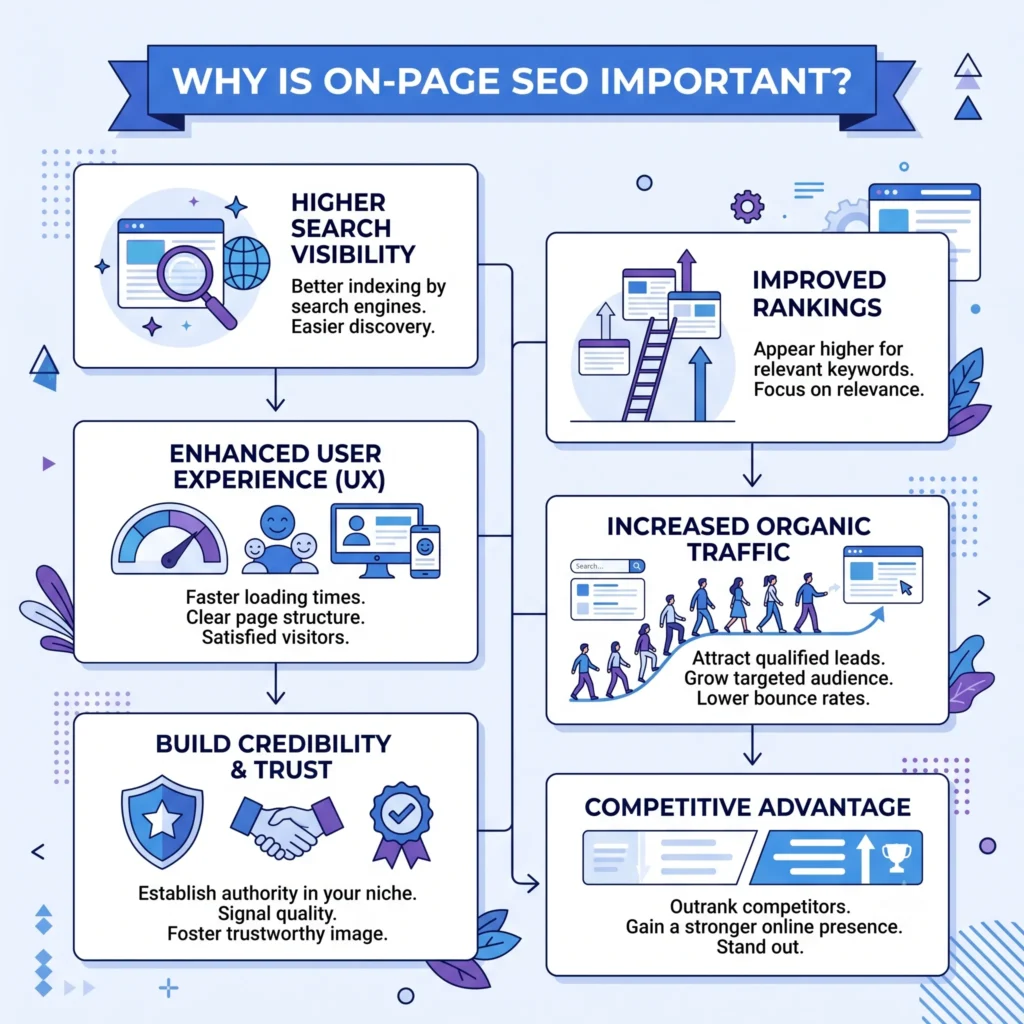 Illustration showing the importance of on-page SEO with website optimization, analytics, search engine ranking improvements, and content optimization for better Google visibility.