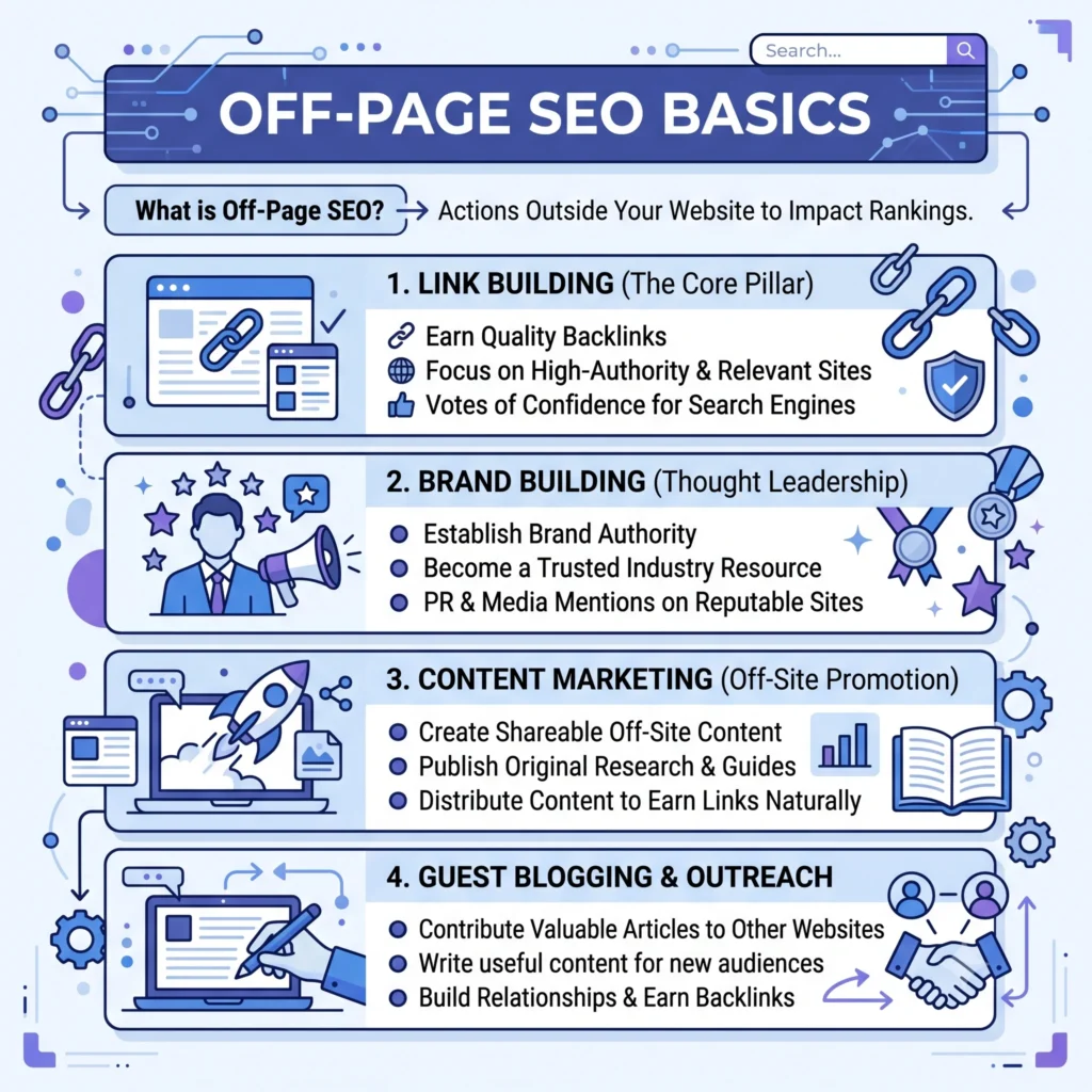 Off-page SEO basics illustration showing backlink building, social signals, and website authority.