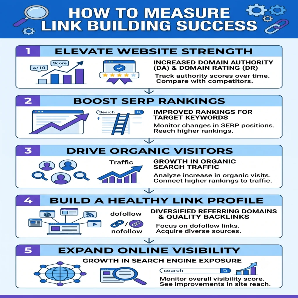 Dashboard illustrating key link building metrics, including backlinks, referring domains, domain authority, organic traffic, and keyword rankings used to measure SEO success.