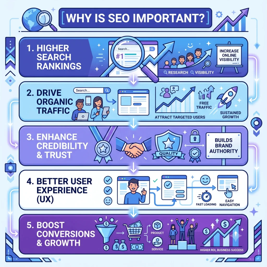 Why Is SEO Important? Illustration showing how search engine optimization improves website visibility, increases organic traffic, boosts search rankings, and drives business growth.