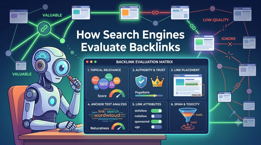 Diagram illustrating how search engines evaluate backlinks by analyzing factors such as authority, relevance, anchor text, link placement, and follow vs. nofollow attributes to determine a website's SEO value and rankings.