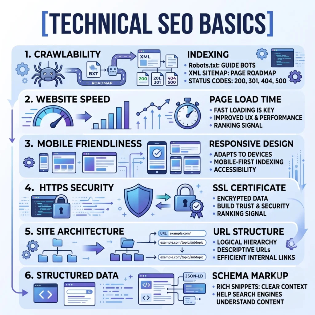 Technical SEO basics illustration showing website speed, crawlability, indexing, and site structure.
