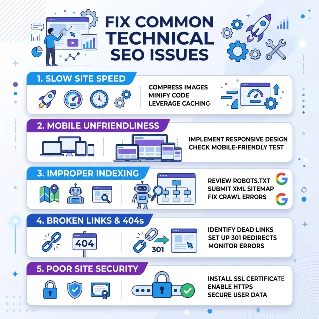 Illustration of fixing common technical SEO issues, including broken links, crawl errors, duplicate content, redirects, and indexing problems to improve website performance and search rankings.