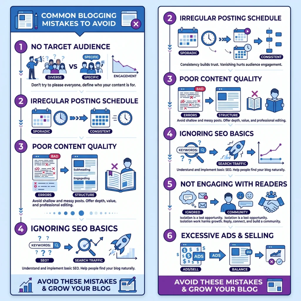 Illustration highlighting common blogging mistakes to avoid, including poor SEO, inconsistent publishing, weak content strategy, and low reader engagement.