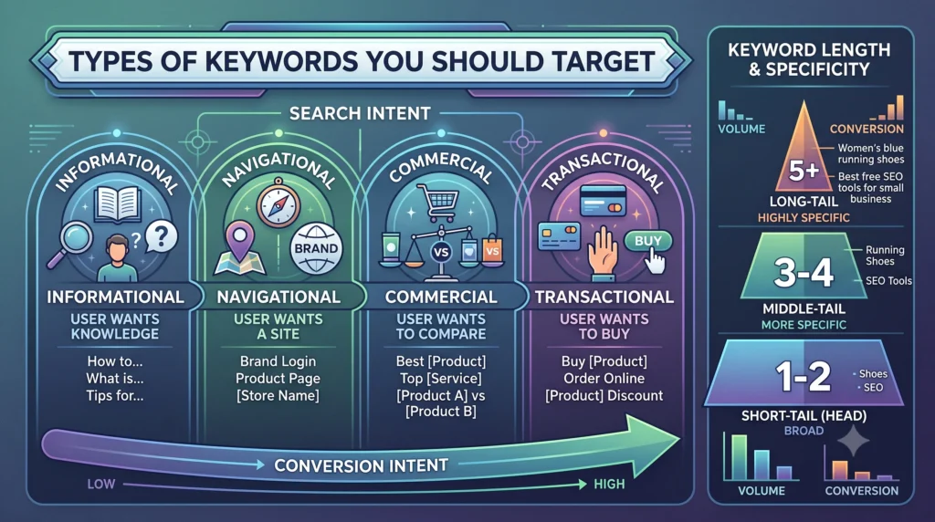 Illustration showing the main types of SEO keywords, including short-tail, long-tail, informational, navigational, commercial, and transactional keywords for effective keyword research.