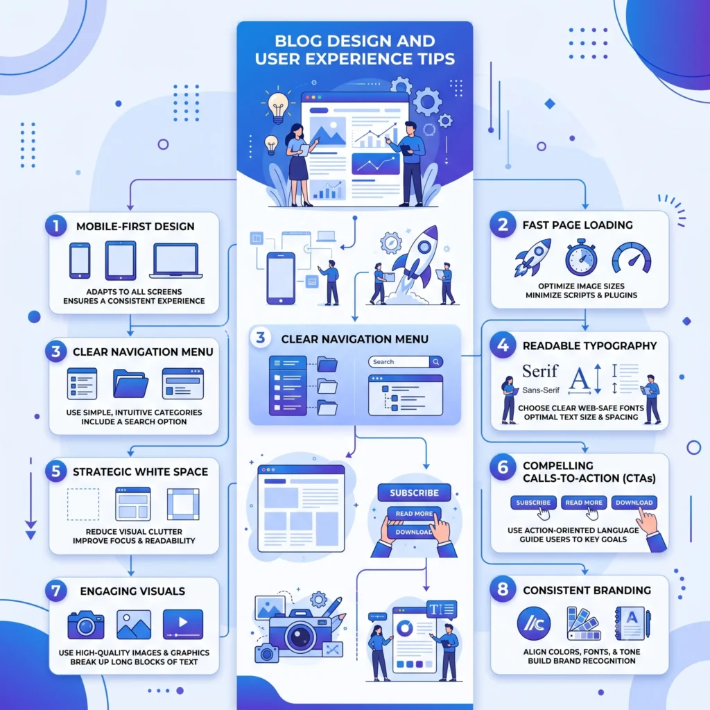 Illustration showing blog design and user experience best practices, including a clean website layout, intuitive navigation, mobile responsiveness, and fast-loading pages for improved reader engagement.