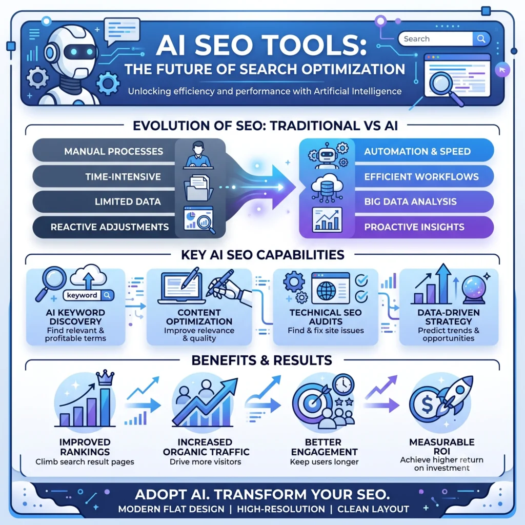 Illustration of AI SEO tools using artificial intelligence to automate search optimization, keyword analysis, content optimization, and improve website rankings.