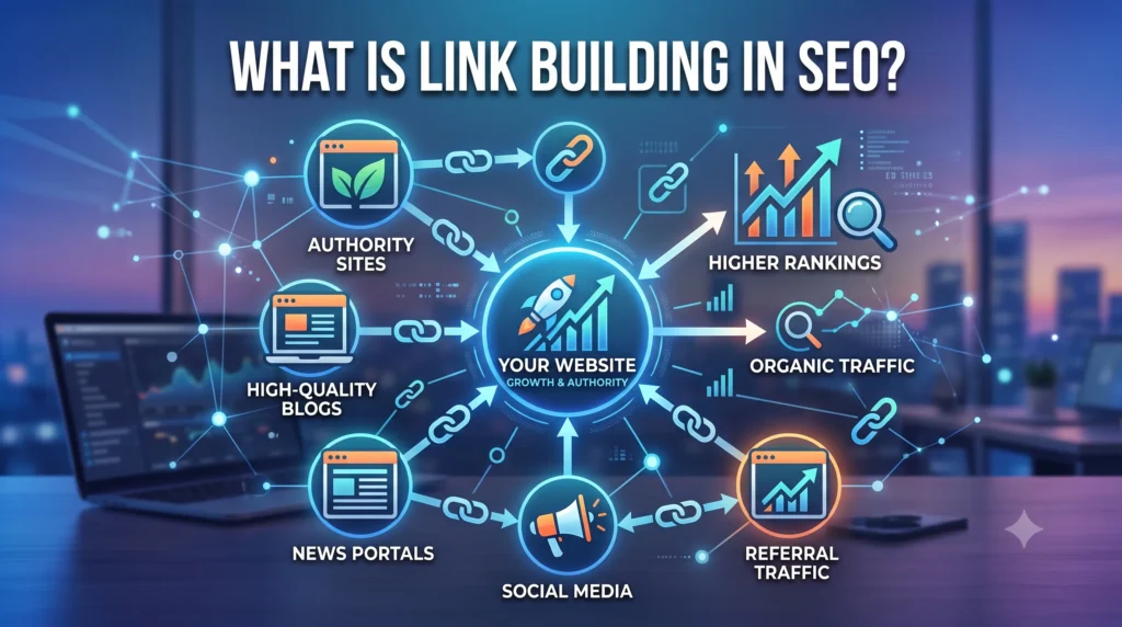 Illustration explaining link building in SEO, showing high-quality backlinks from authoritative websites pointing to a target website to improve search rankings, domain authority, and organic traffic.
