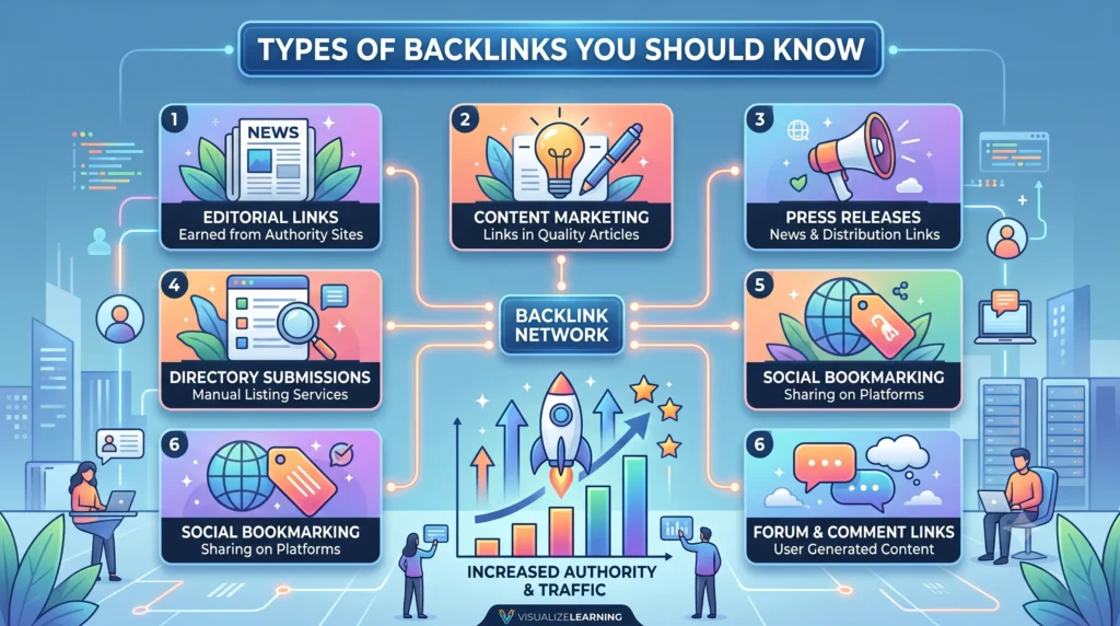 Infographic illustrating the different types of backlinks, including dofollow, nofollow, sponsored, UGC, editorial, guest post, directory, and contextual backlinks, and their role in improving SEO and search engine rankings.