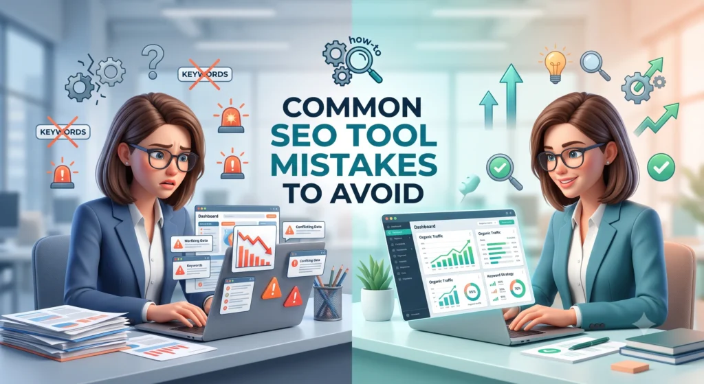 Illustration showing common SEO tool mistakes to avoid, including overreliance on automation, inaccurate keyword tracking, ignoring technical SEO issues, and misinterpreting SEO data.
