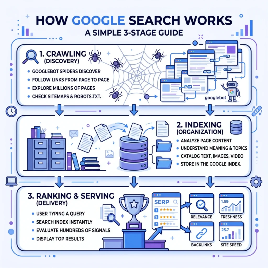 How Google Search Works: Illustration showing crawling, indexing, ranking, and displaying search results.