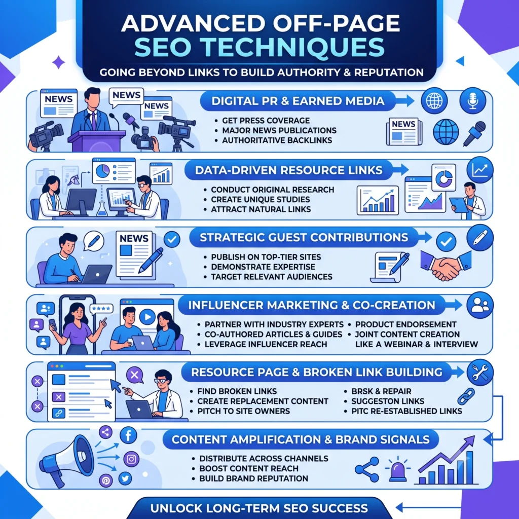 Alternative Text: Illustration of advanced off-page SEO techniques, including digital PR, link building, brand mentions, influencer outreach, and authority-building strategies.