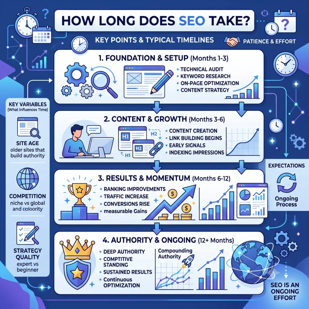 How long does SEO take? Timeline showing the stages of search engine optimization results.