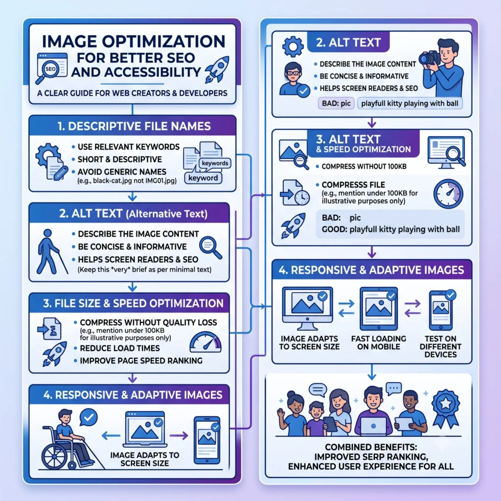 Illustration of schema markup and rich results optimization, showing structured data, search engine snippets, star ratings, FAQs, and enhanced Google search listings for improved SEO visibility.